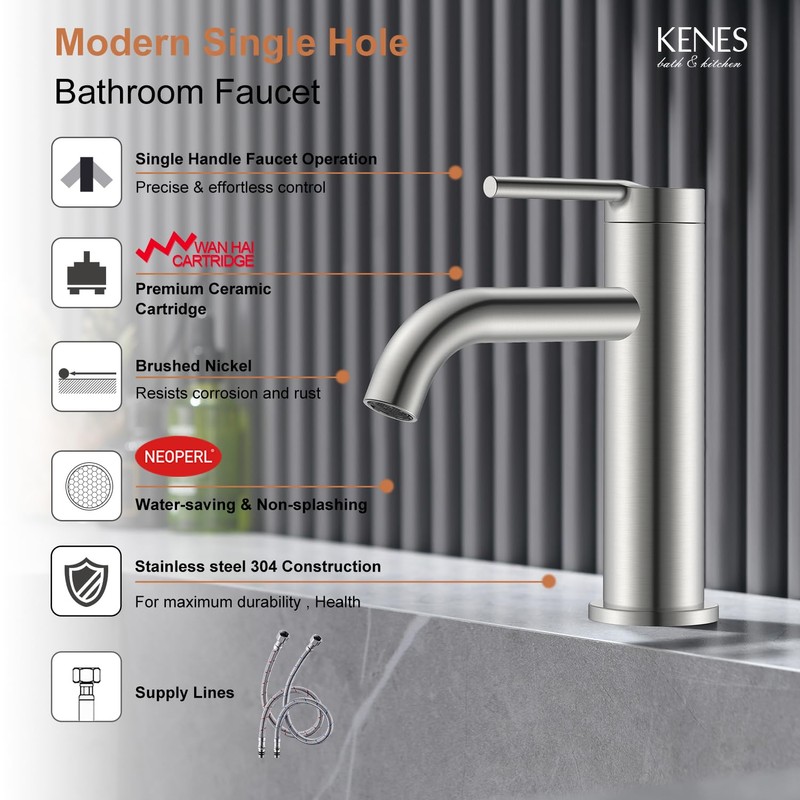 KENES Brushed Nickel Bathroom Faucet Single Hole Modern Bathroom Sink