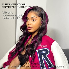 ALHER Black Mix Purple Burgundy Highlight Bundles Human Hair Body Wave, 12A Soft Thick 3 Bundles Wavy Human Hair, 100% Remy Hair Midnight Purple Highlight Two Tone Colored(#1B/Purple, 12 14 16 Inch)