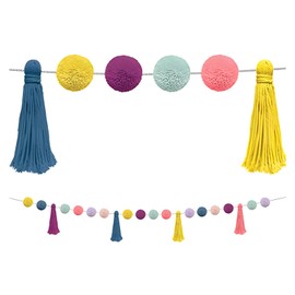 Fkereg Pom Pom Garland for Classroom Boho, 74.8 Inch 16 Felt Ball Bulletin Board Garland, Colorful Yarn Tassel Banner Garland, Hanging String Decorations for Party Desk Nursery Wall (Blue & Yellow)