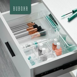 Ruboxa Clear Drawer Organizer, [25 PCS] Plastic Organizers for Home Organization and Storage, Including 4 Sizes Small Bins, Non-Slip Pads, for Bathroom, Kitchen, Vanity & Office