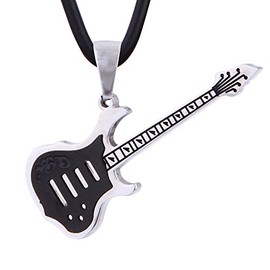 DonDon Leather Necklace Electric Guitar Pendant Stainless Steel + Black Velvet Pouch, Stainless Steel, No Gemstone