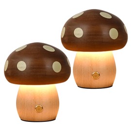 LONRISWAY 2Pack Wood Small Mushroom Table Lamp, LED Rechargeable Cordless Touch Bedside Lamps, Wireless Stepless Dimming Night Light, Portable Battery Lamp for Bedroom Nightstand for Birthday Gifts