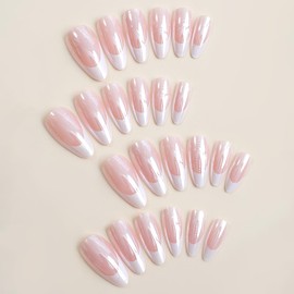 Maggidea French False Nails, Acrylic French Stick on Nails, 24pcs Strong Almond Short French Style Press On Nails with Glue White Tips Design Fake Nails (Aurora Almond)
