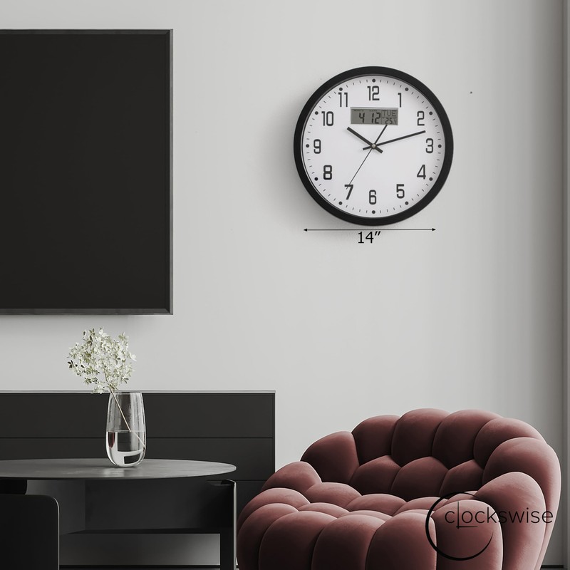 Clockswise 14-inch Wall Clock, Non-Ticking Analog & Digital with Temperature