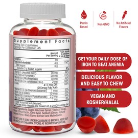 Iron Gummies: New Formula 20 mg Iron per Serving Plus Vitamin C, Zinc, B Complex. Iron Gummies for Women and Men. Anemia Supplement for Fatigue, Prenatal Pregnancy- Vegan, Kosher- 90 Ct