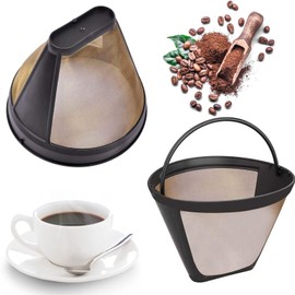 Pack of 2 coffee filter mesh, washable coffee filters, reusable filter, coffee permanent filter, with handle, size 4, stainless steel, durable, for most, for 8-12 cups of coffee (gold)
