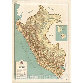 Historic Pictoric Map : Peru 1965, Caminos del Peru, Antique Vintage Reproduction : 16in x 24in