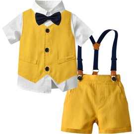 SANGTREE Baby Boys Clothes Set, Summer Dress Shirt with Navy Bow Tie + Suspender Shorts + Suit Vest Wedding Short Clothing Outfits, Short Yellow, 3-4T = Tag 120
