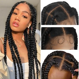 OTO BELLA Knotless Box Braid Wig 32 Inch Glueless HD Lace Front Wig Synthetic Braided Wig for Black Women - Thick & Long Jumbo Box Braids with Baby Hair