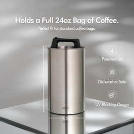 KIVY Vacuum Coffee Canister - Push Lid Preserves Coffee Aroma & Oil - Stainless Steel Airtight Coffee Canister - Removes Excess Air