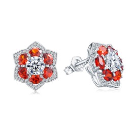 RANDES Red Flower Earrings for Women Trendy White Gold Sterling Silver Birthstone Earring Studs Large Statement Six Leaf Clover Garnet Earrings
