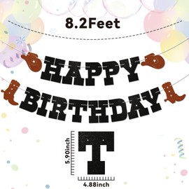 Cowboy Happy Birthday Banner - Western Birthday Party Sign for Cowboy Cowgirl, Horse Racing Party Decor, Rodeo Theme Birthday Decorations Black & Brown Glitter