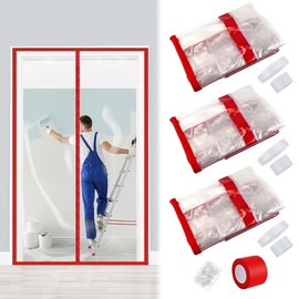 Preboun 1 Set Magnetic Dust Barrier Zipper Door Kit 4' x 7.5' Construction Plastic Dust Barriers Plastic Door Curtain for Construction Self Closing Curtain for Doorways Room (Red)
