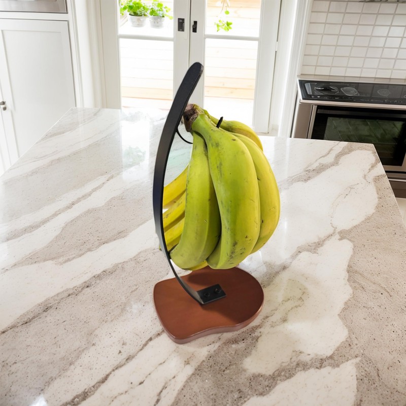 Modern Banana Stand with Wooden Base, 33 cm Height, Metal