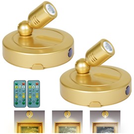 BERGUSTCH Picture Light Battery Operated, 3 Color Temperatures Wireless Picture Light with Remote, Indoor LED Spot Lights for Plants for Wall Frame Dartboard Art Painting Display Accent-Gold