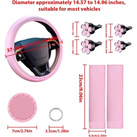 Lenkradbezug für Damen, universal, 10 Stück, Autozubehör mit Sicherheitsgurt-Schulterpolster, Getränkehalter, Lüftungsschlitz-Clip, Startknopf-Aufkleber (rosa Lenkradbezug-Set)