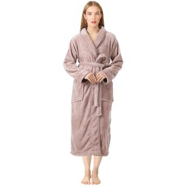 NY Threads Premium Women's Robe Plush Soft Long Bathrobe Warm Fleece Shawl Collar Spa Robe (Small, Taupe)