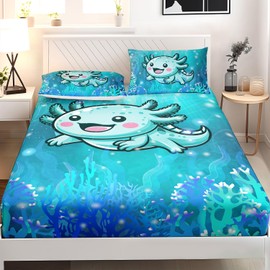 AILONEN Cute Axolotl Kids Fitted Sheet Set Twin Size, Blue Ocean Animal Kawaii Bed Sheet Set Decor,Jellyfish Coral Twin Fitted Sheet with 2 Pillowcases,3 Pieces