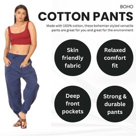 Mantra Vogue Boho Style Cotton Yoga Workout Harem Pants with Elastic Drawstring Waist and Front Pockets for Women (CA/US, Alpha, One Size, Regular, Regular, Dark Blue)