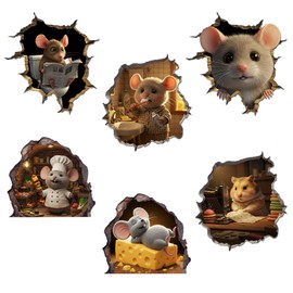 WICVIC 6 Pcs 3D Mouse Hole Sticker Vinyl Mice Cracked Wall Decals Funny Animal Stickers Car Bumper Laptop Door Kitchen Corner Baseboard Decor Birthday Christmas Gifts for Daughter Son Mom Friends