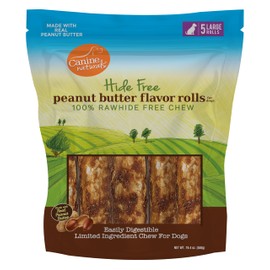 Canine Naturals Peanut Butter Chew - 100% Rawhide Free Dog Treats - Made with Real Peanut Butter - All-Natural and Easily Digestible - 5 Pack of 7 Inch Large Rolls for Dogs 50-75lb