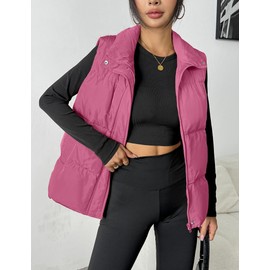 Zeagoo Women Puffer Vest Lightweight Stand Collar Sleeveless Winter Warm Zip Up Padded Outerwear Jackets with Pockets Hot Pink S