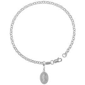 Sterling Silver Virgin Mary Bracelet for Women Dangling Oval 15mm Miraculous Medal Italy 7 inch