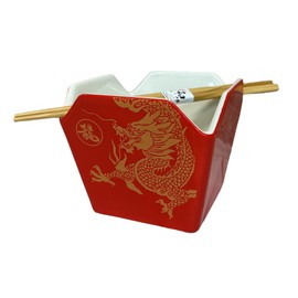 Urban Tokyo Chinese Takeout Box Style Porcelain Bowl With Chopsticks 18 fl oz Square Shape Rice Noodles Pasta To Go Box Shaped Bowl Microwave Dishwasher Safe (Red Dragon)