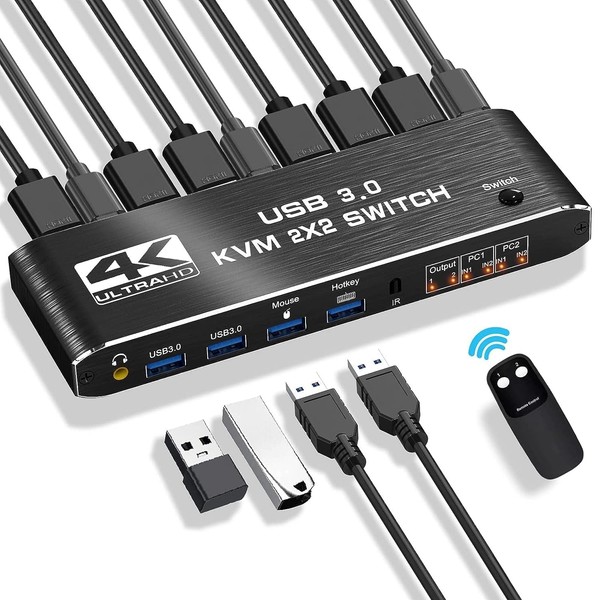 HDMI 2.0 KVM Switch,USB 3.0 KVM Switch 2x2 with 3.5mm