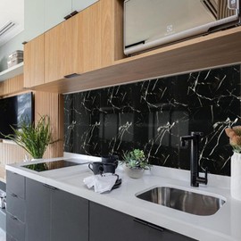 MSUP 12 Sheets Peel and Stick Backsplash Tiles, 11.8"x11.8" Black Stick on Wall Tiles, Self Adhesive Marble Tile Sticker, Waterproof Wall Decals for Kitchen Bathroom Laundry Room 04