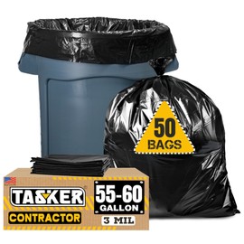 Tasker Contractor Garbage Bags 55 Gallon, 3 Mil Black Contractor Garbage Bag (50 Bags w/Ties) Large 55 Gallon Trash Bags Heavy Duty Liners, Extra Large Trash Liners for Construction, Industrial Bag