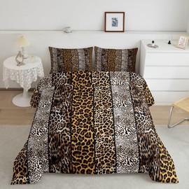 Leopard Print Comforter Set Twin Size,Wild Animals Cheetah Skin Texture Rustic Bedding Set,Girls Women Room Decor,Geometric Patchwork Fashion Down Comforter,Brown Retro Duvet Insert,1 Pillowcase