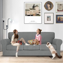 MAXIJIN 4 Piece Couch Covers for 3 Cushion Couch Sofa Covers, Stretch Couch Slipcovers for Sofas with 3 Cushions, Thick 3 Seat Furniture Protector for Dogs Pet (71"-91", Light Gray)