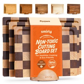 SMIRLY Wood Cutting Boards for Kitchen Wooden Chopping Board Set Reversible with Deep Juice Grooves Grip Handles, Large Charcuterie Tray for Home Kitchen, Rubber Wood, 3Pcs with Holder