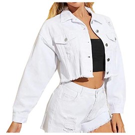 LifeShe Women Cropped Ripped Distressed Denim Jean Jacket Coat Fringe with Frayed Hem White