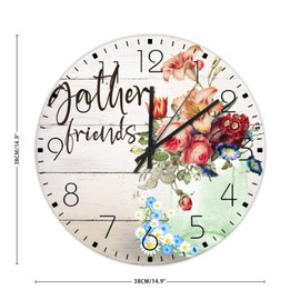 15" Wooden Wall Clock Gather Friends Watercolor Floral in Mason Jar Wall Decor for Kids Room Rustic Flowers Painting Pictures Artwork Wall Clocks Round Wooden Wall Clock Country for Garden Workshop