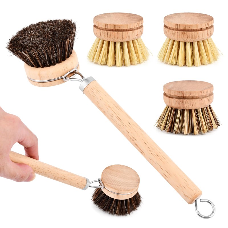 Wooden Dish Brush with 3 Replaceable Natural Bristle Heads