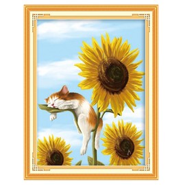 Calefow Stamped Cross Stitch Kits &1 Set Stretcher Bars for Needlework， 11 CT Sunflower Cat Counted Cross Stitch Kits for Beginners Adults，Cross Stitch Patterns 12x16 Inch