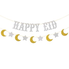 RoadSea Happy Eid Banner - Eid Mubarak Moon Star Party Garland Supplies - Ramadan Festival Party Decoration Supplies - Silver Glitter