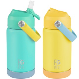BOGI Kids Metal Water Bottle with Straw, 350ml Kid Stainless Steel Water Bottle for School Leak Proof Insulated Water Bottle for Boys Girls Toddlers Children | 2Pack-Mint+Yellow