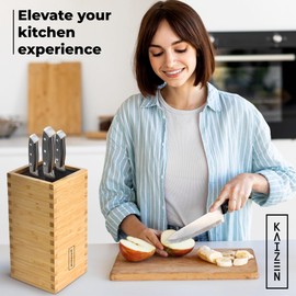 KAIZEN Bamboo Knife Block - Perfectly Sized Universal Knife Holder for Knives, Scissors - Unique Knife Stand for Counter Top with Anti-Slip Base (Without Knives)