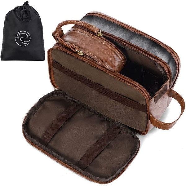 Leather Toiletry Bag for Men/Women, Lekereise Travel Shaving Dopp Kit Water-Resistant Toiletry Accessory Organizer Bag with Multi-Pockets, Brown