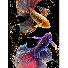 Kaliosy 5D Diamond Art Kits for Adults Colorful Fighting Fish by Number Kits, Diamond Painting Art Fish DIY Full Drill Crystal Craft Cross Stitch Embroidery Decoration (12x16 inch) 30x40 cm