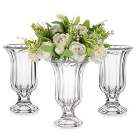Glasseam Pedestal Glass Vase for Flowers, 7.5in Tall Compote Vase Set of 3, Crystal Clear Vases for Centerpieces, Ribbed Decorative Vases for Home Decor, Cute Footed Urn for Living Room Decorations