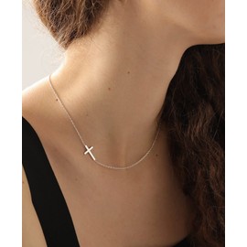 DEARMAY Sterling Silver Sideways Cross Necklaces for Women, Dainty Silver Cross Choker Necklace for Women Simple Small Silver Cross Pendant Neckalce Jewelry for Women Gift