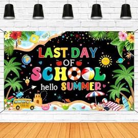 Mocsicka Happy Last Day of School Hello Summer Banner End of School Year Party Decorations Backdrop Black for Kids Summer Vacation Party Supplies Photo Booth Props (Black, 70.8 x 43.3 Inch)