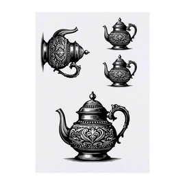 4 x 'Fancy Teapot' Temporary Tattoos - Water Resistant, Skin-Safe, Non-Toxic Transfers, Mixed Sizes (TO00083230)