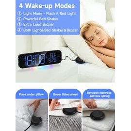 Loud Vibrating Alarm Clocks for Heavy Sleepers/Hear Impaired/Deaf, Large LED Digital Display Alarm Clock with Bed Shaker, Dual Alarm Clock Bedside with 7-colour Night Light, 8 Display Colours(Black)