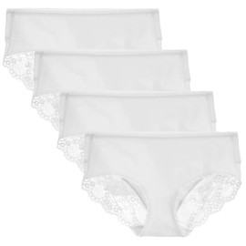 LIQQY Women's 4 Pack Cotton Mid Rise Full Coverage Lace Hipster Brief Panty Underwear (X-Large, White)