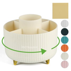 DOCMON Pen Organizer for Desk, Rotating Pen Holder Pencil Holder for Desk, Spinning Desk Organizer Makeup Brush Holder, 5 Slots Pen Cup for First & Last Day of School, Office, Home (Cream yellow)